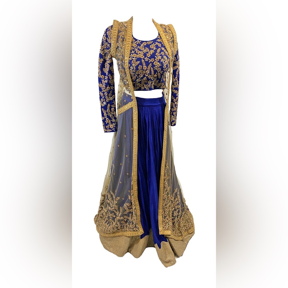 Royal Blue Lehenga with Gold work and Gold net jacket to wear over